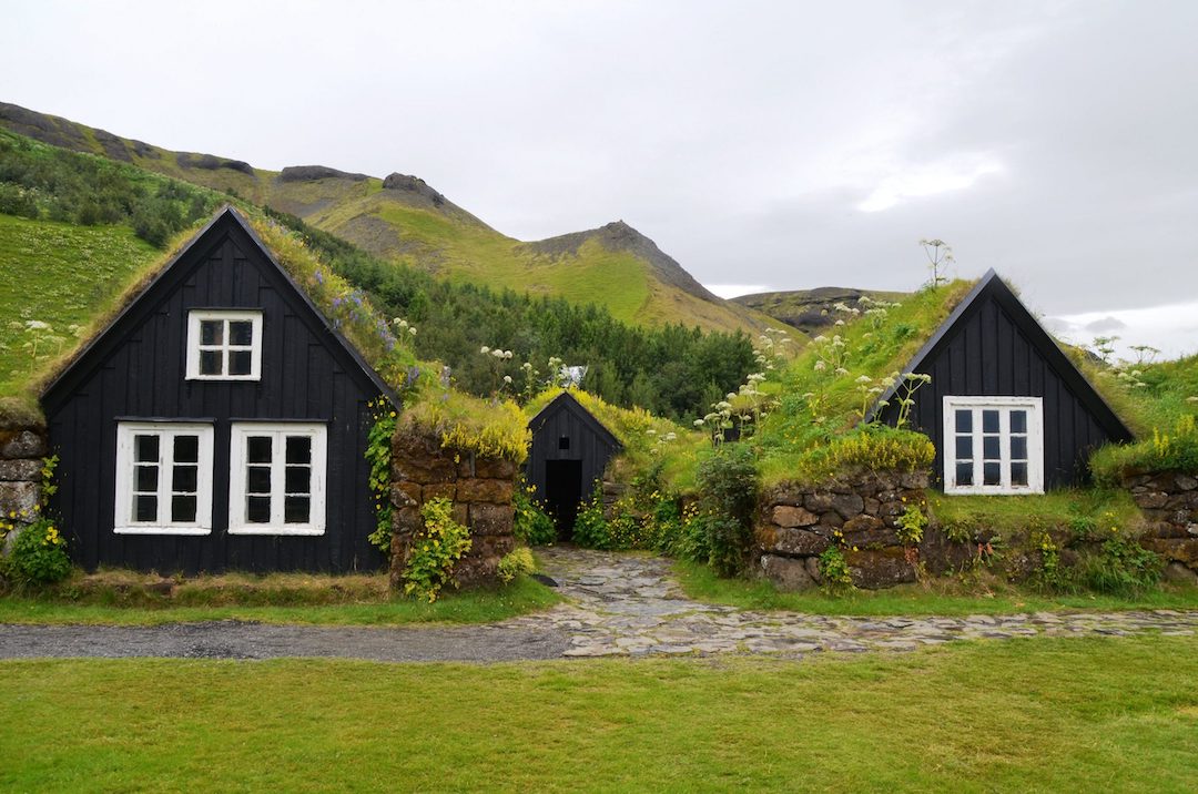 Two small houses with green roofs