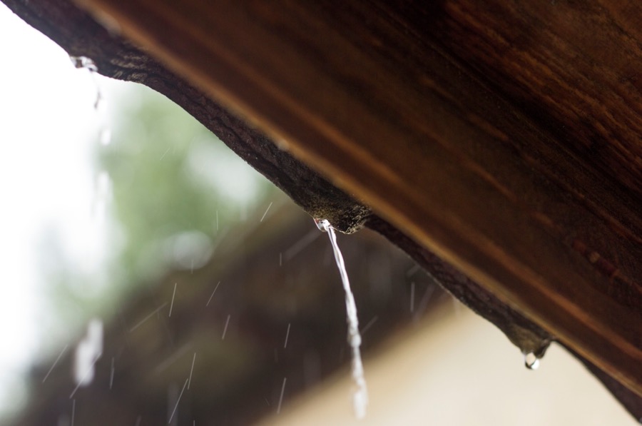 Water flowing from a roof gutter.