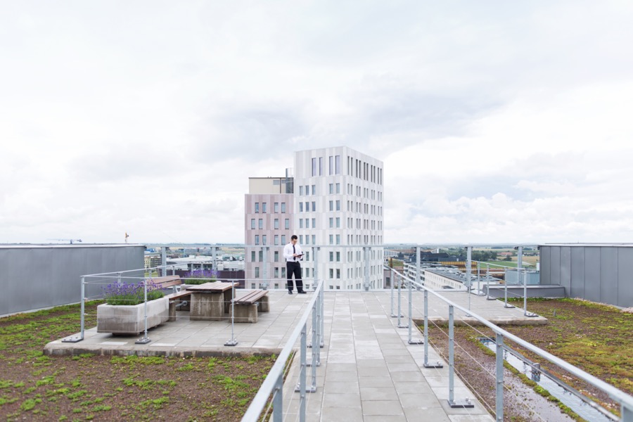 Man on a roof terrace surrounded by roof guardrails.