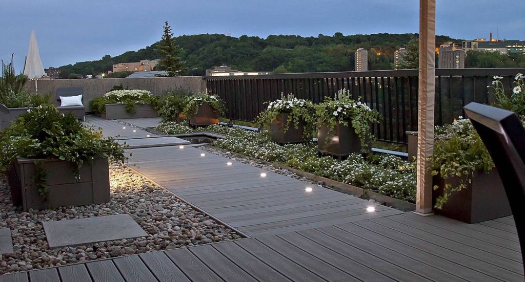 An illuminated terrace.