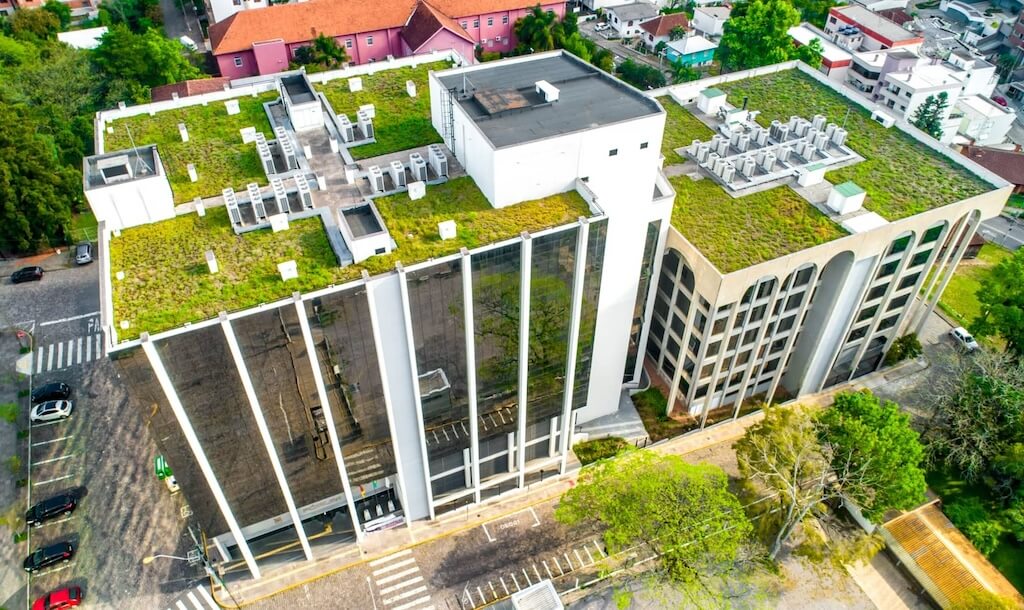 Green roof installed on the flat roof of a large building and respecting the same construction standards as any other roof.