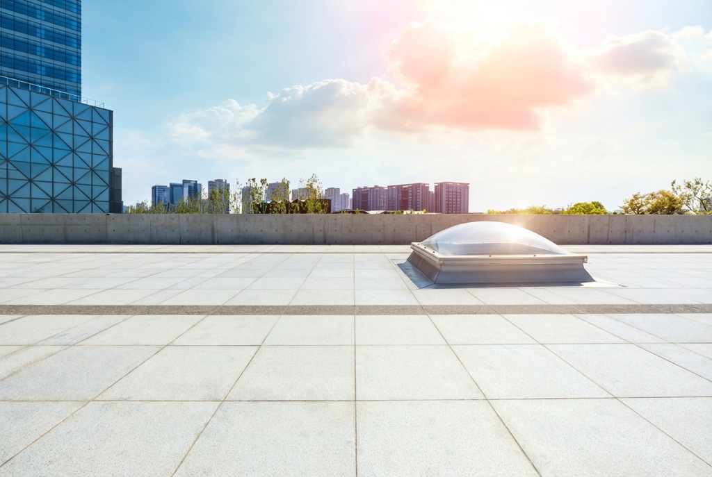 Skylight installed on a modern flat roof of a commercial building, bathed in sunlight and surrounded by an urban landscape.