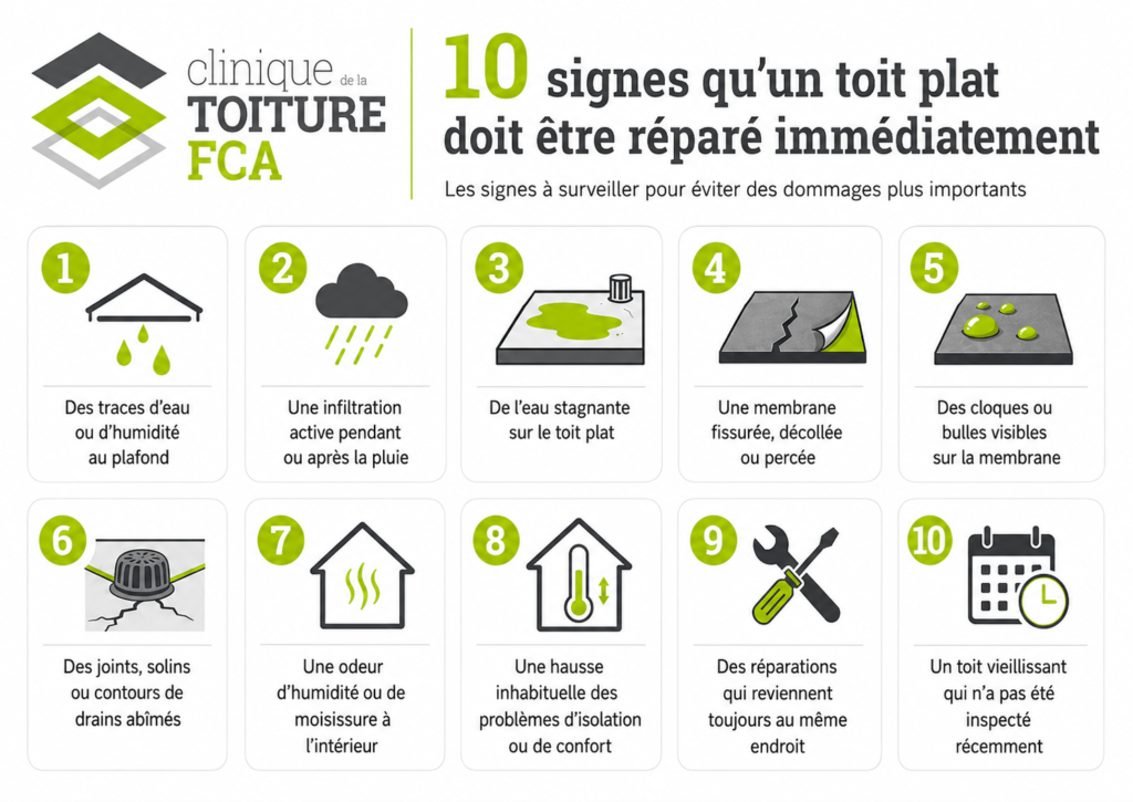 Infographie de Clinique de la Toiture FCA : 10 signes qu'un toit plat doit être réparé immédiatement — les signes à surveiller pour éviter des dommages plus importants.