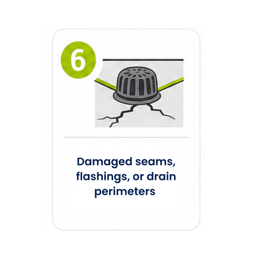 Icon number 6: Damaged seams, flashings, or drain perimeters.